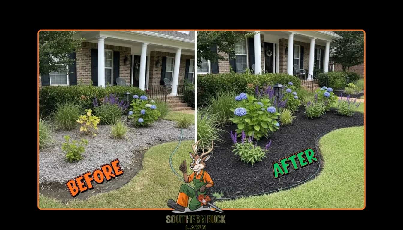 Before and after black mulch install on a Louisiana front bed by Southern Buck Lawn