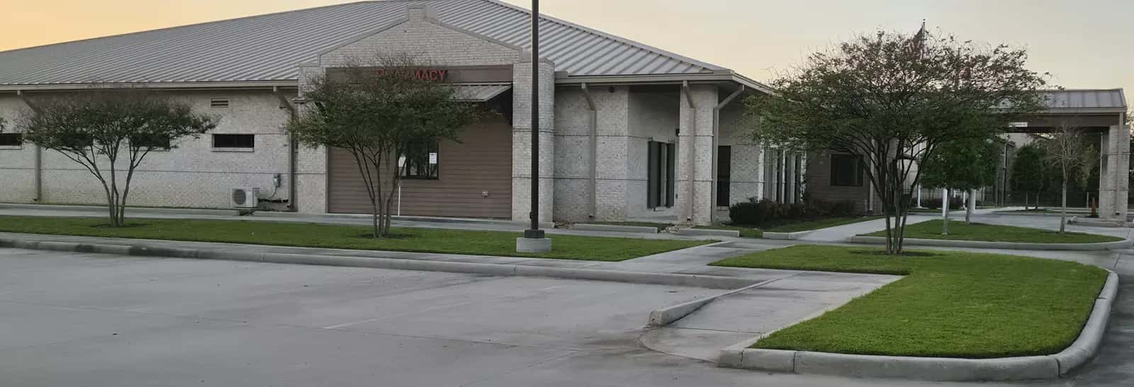 Commercial lawn mowing result in Livingston, LA: trimmed turf islands and crape myrtles around a medical office parking lot.