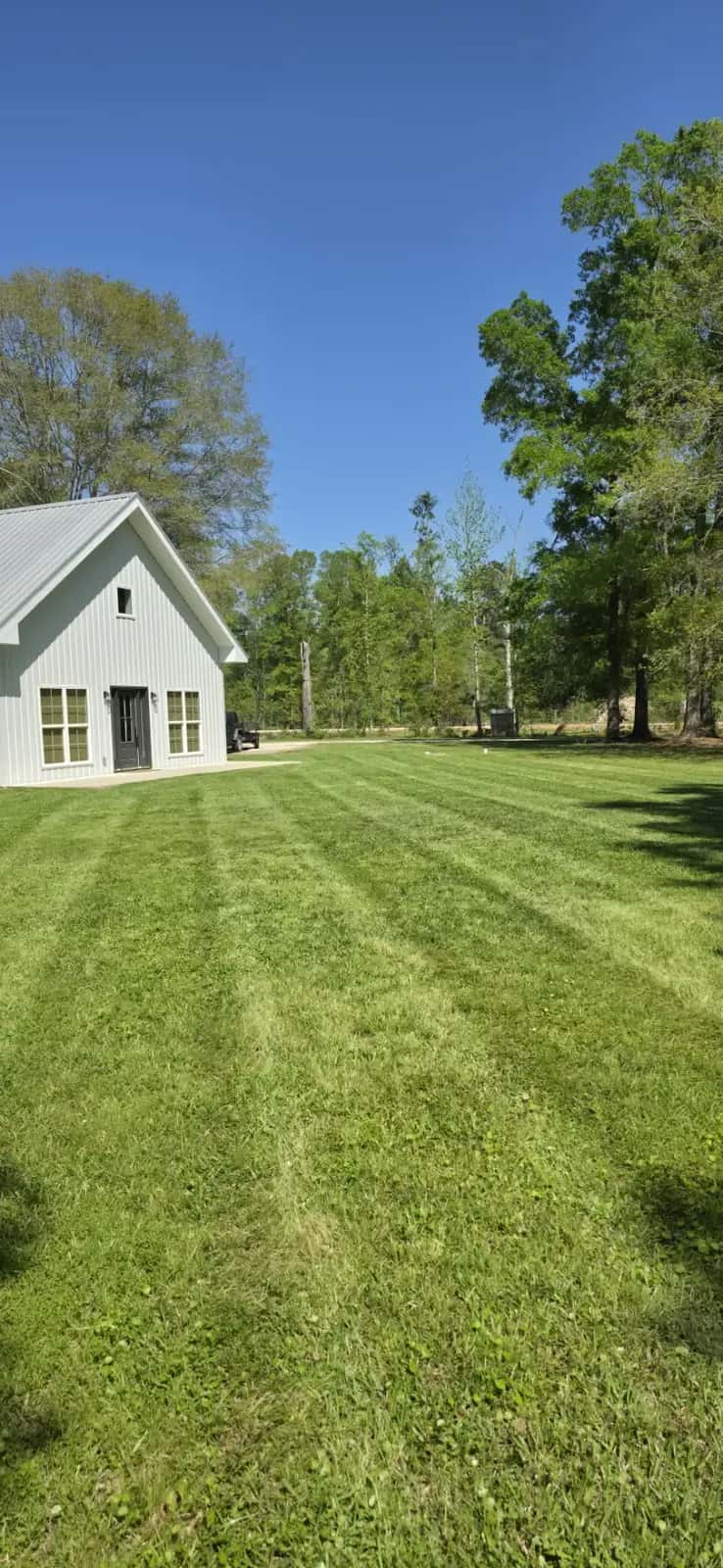 Neatly mowed green lawn with a clean edge, typical Southern Buck Lawn acreage work in Livingston Parish