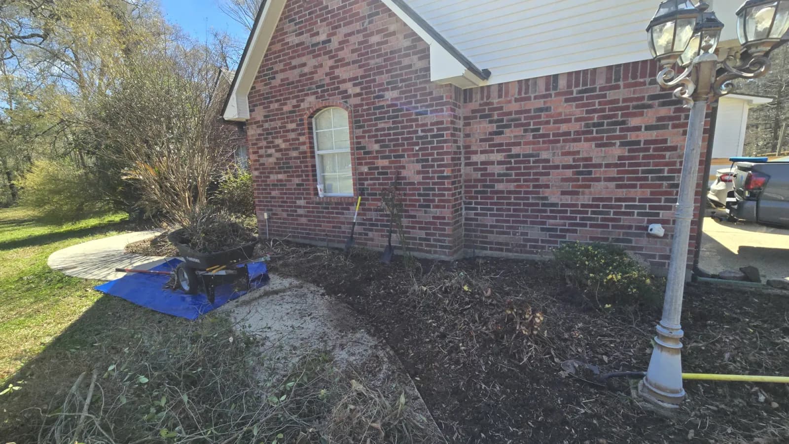 Wheelbarrow of brush on a blue tarp during flower bed cleanup along a red brick house.