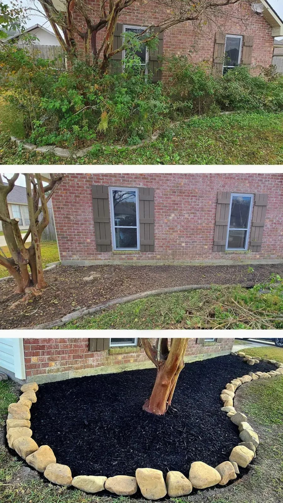 Before and after flowerbed cleanup and fresh mulch transformation in Walker, Louisiana