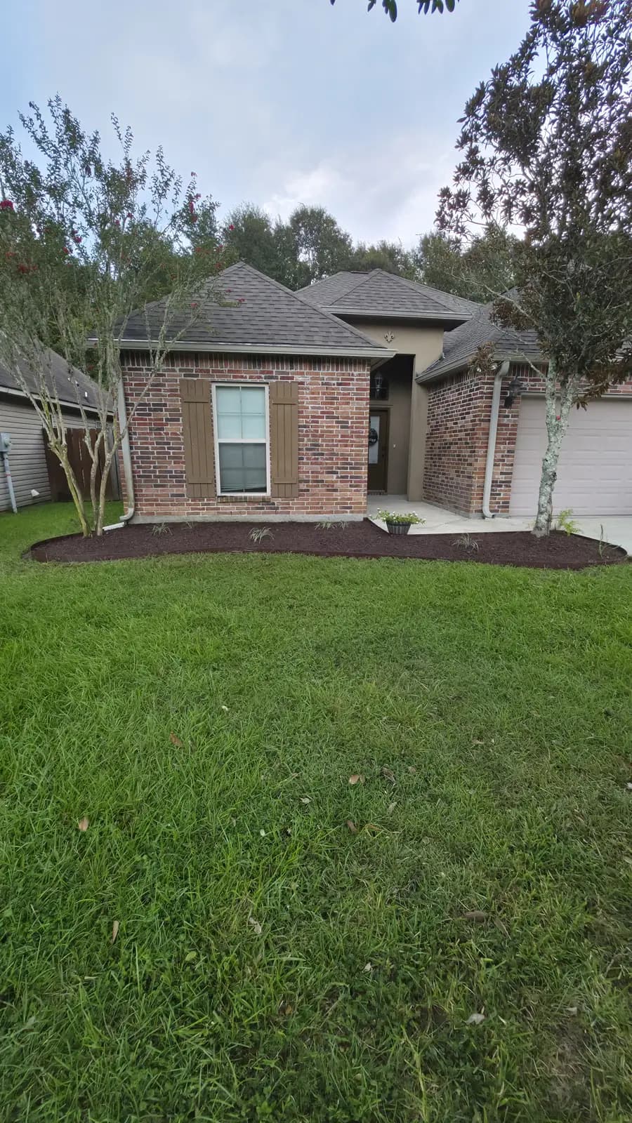 Finished Denham Springs front bed with fresh black mulch, steel edging, and ornamental grasses along a brick house.