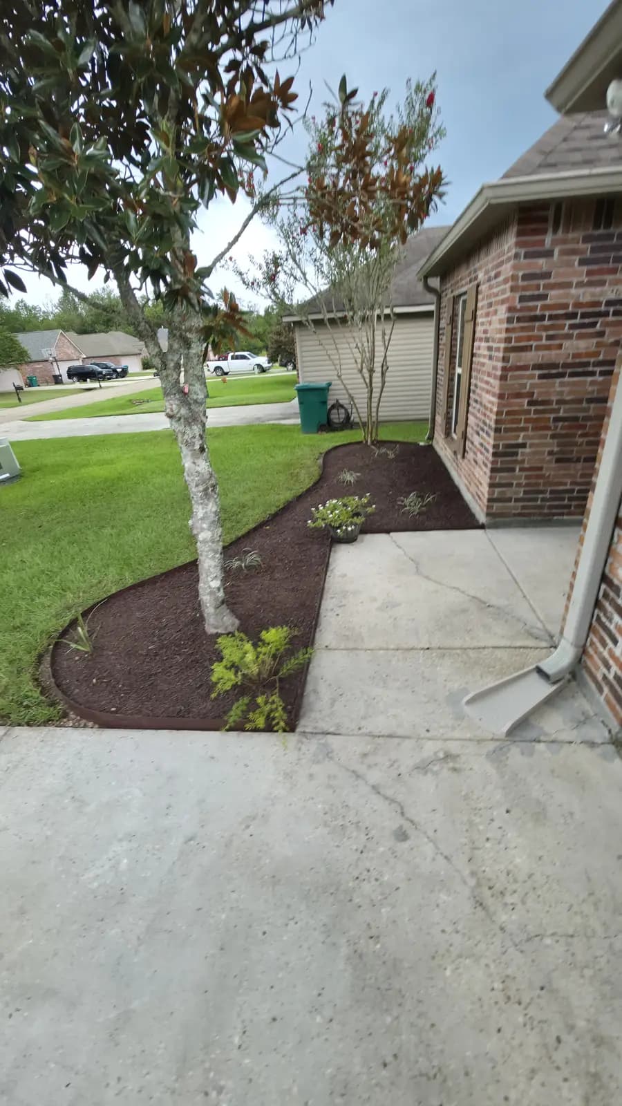 Fresh black-mulch walkway bed with steel edging and new plantings along a Denham Springs brick house.