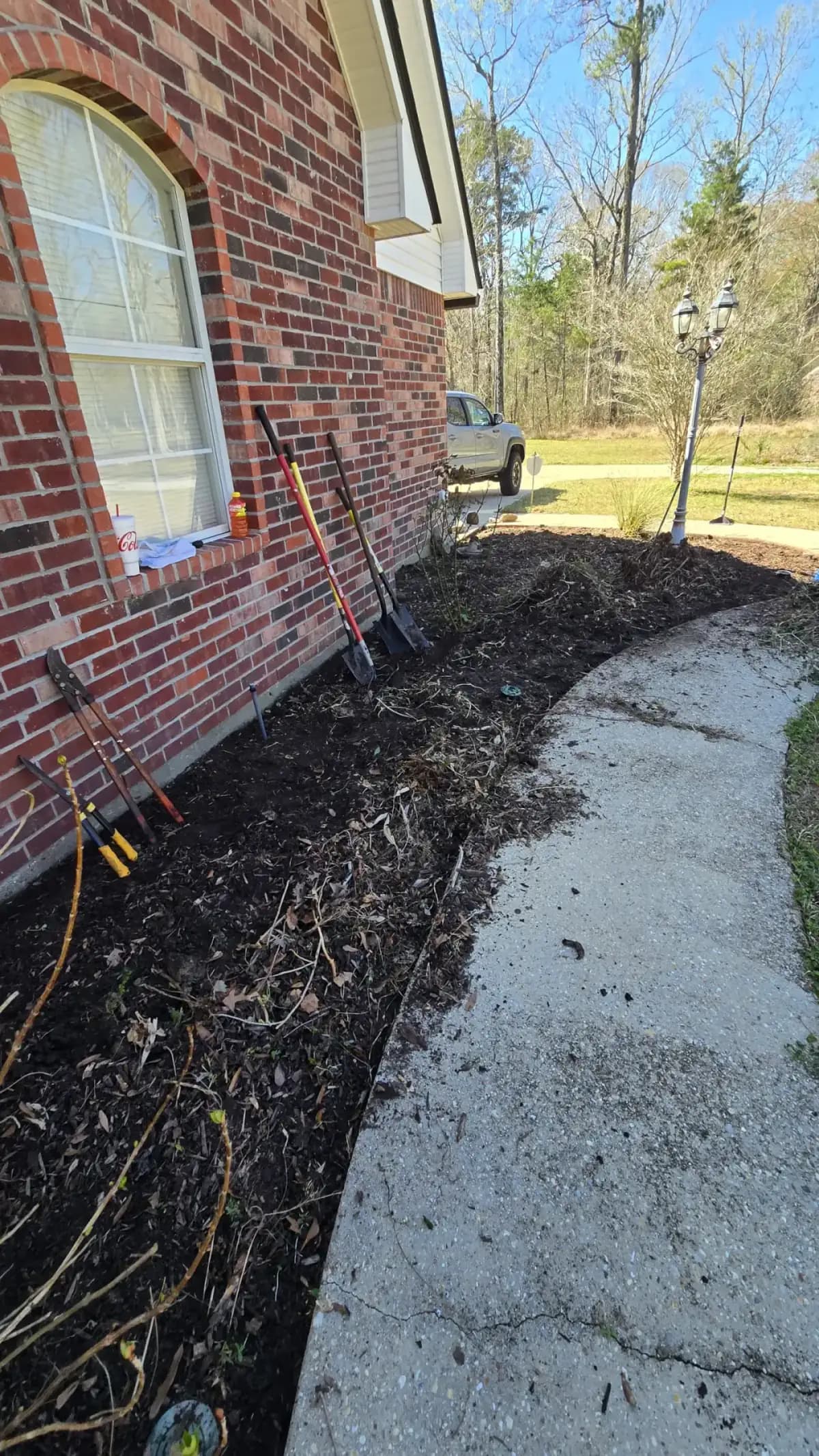 Loppers, shears, and shovels staged against a brick house during sidewalk flower bed cleanup.