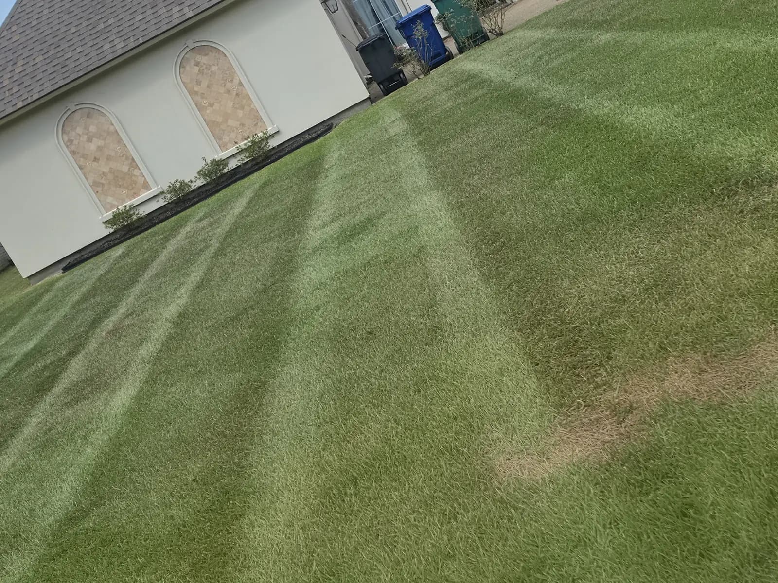 Weekly lawn service in Watson, LA: fresh mowing stripes across a front lawn beside a stucco house.
